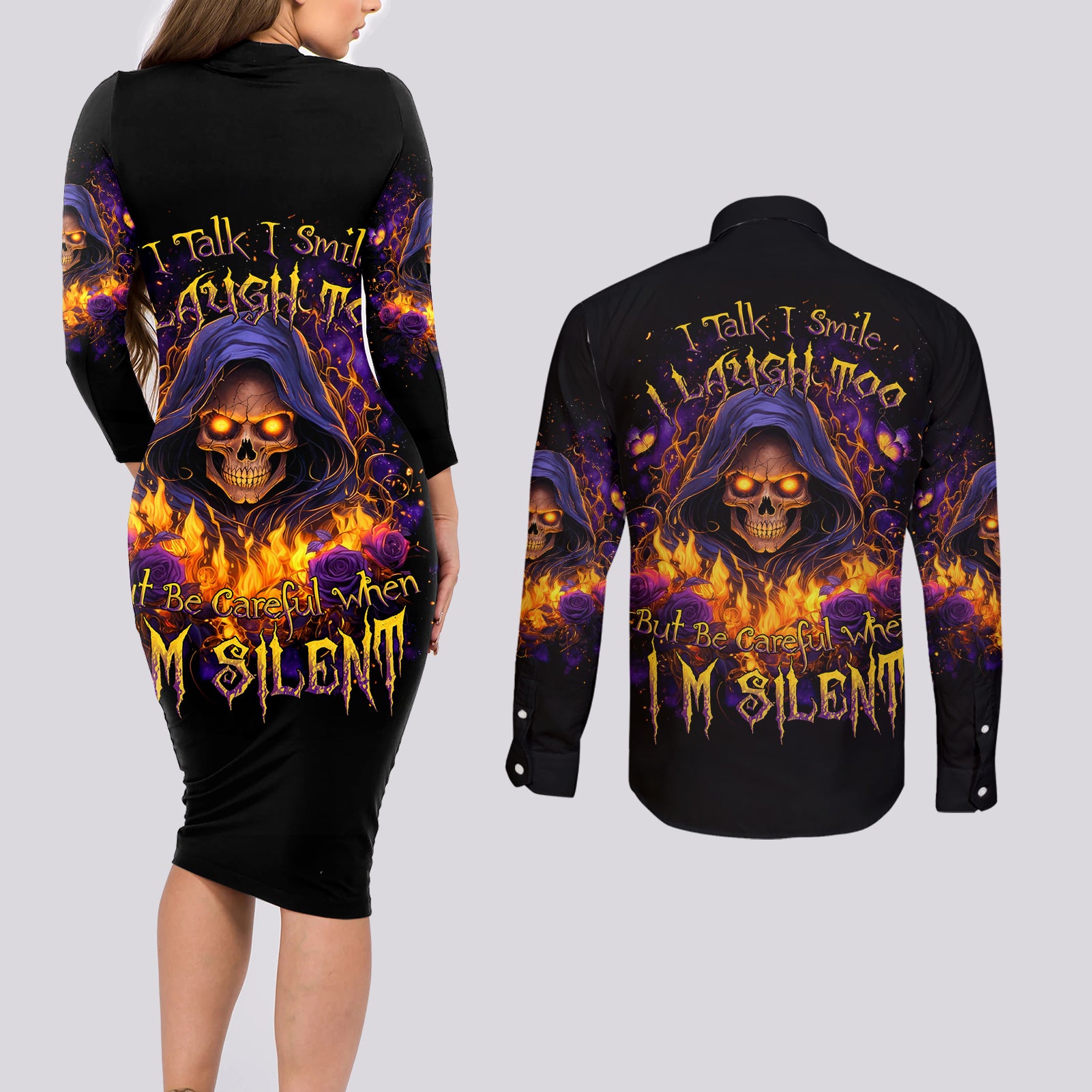 Flame Skull Couples Matching Long Sleeve Bodycon Dress and Long Sleeve Button Shirt I Talk I Smite But Be Careful When I Silent - Wonder Print Shop