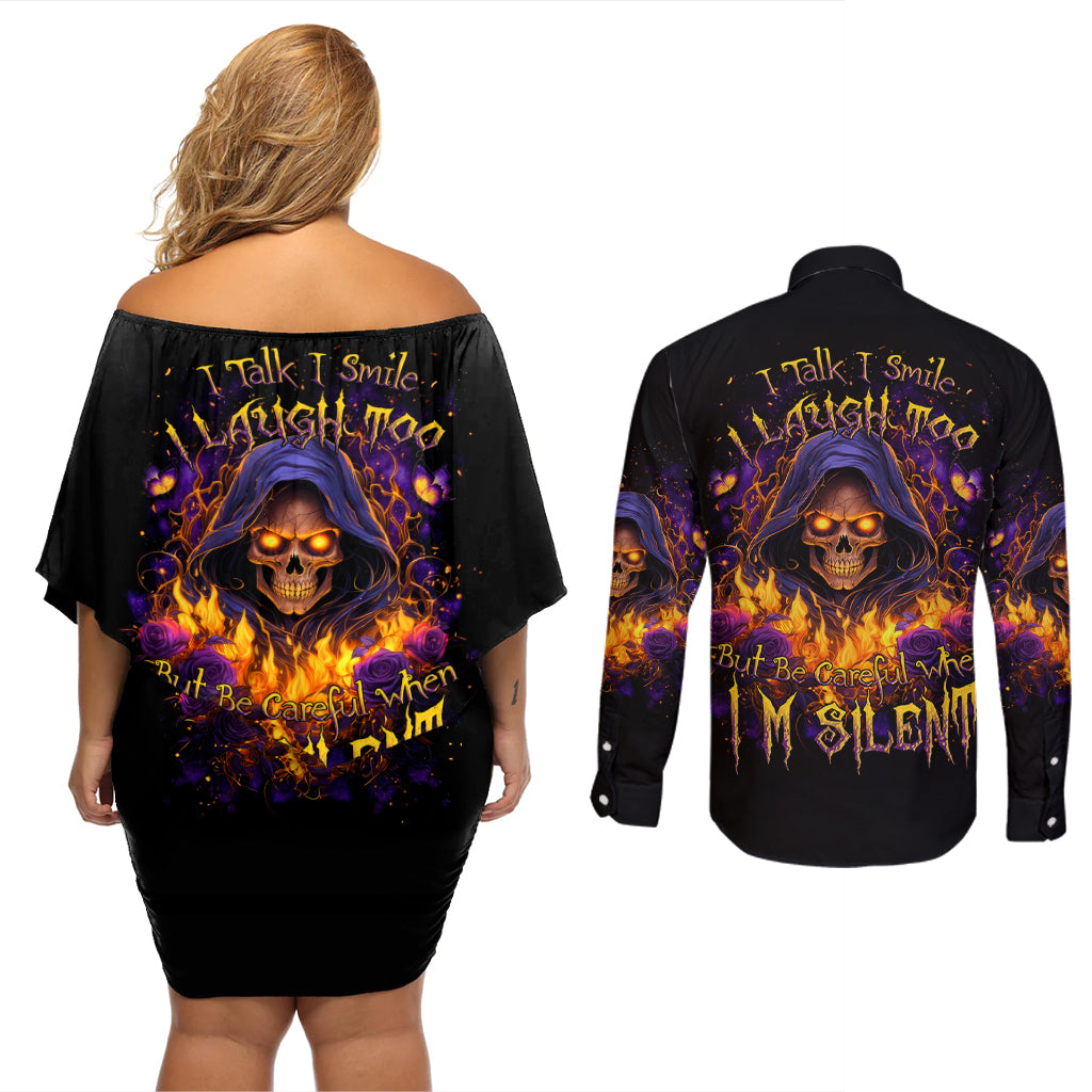 Flame Skull Couples Matching Off Shoulder Short Dress and Long Sleeve Button Shirt I Talk I Smite But Be Careful When I Silent - Wonder Print Shop