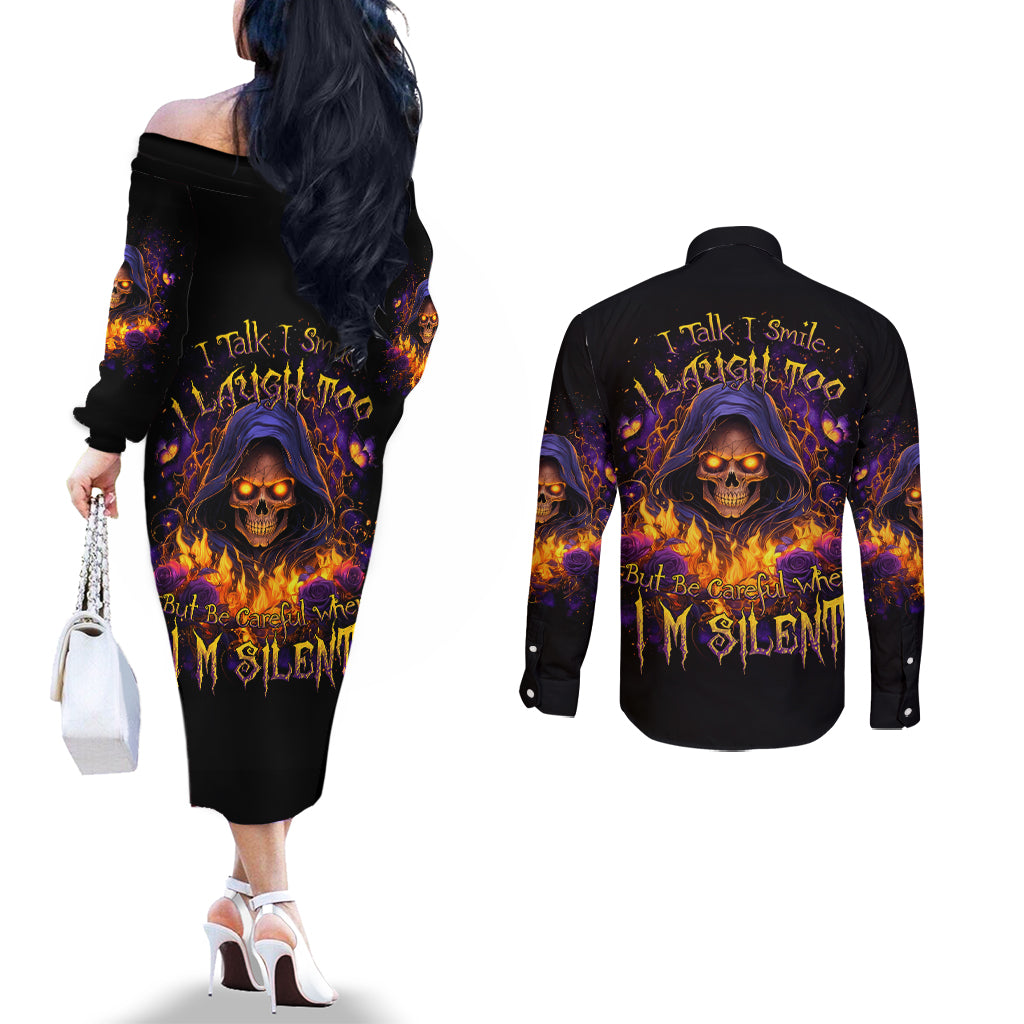 Flame Skull Couples Matching Off The Shoulder Long Sleeve Dress and Long Sleeve Button Shirt I Talk I Smite But Be Careful When I Silent