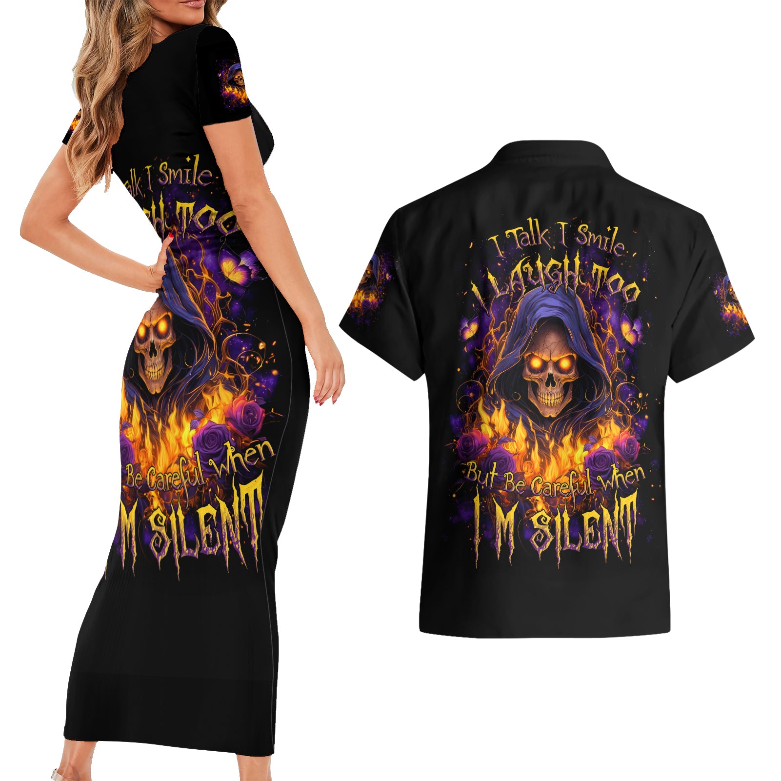 Flame Skull Couples Matching Short Sleeve Bodycon Dress and Hawaiian Shirt I Talk I Smite But Be Careful When I Silent - Wonder Print Shop