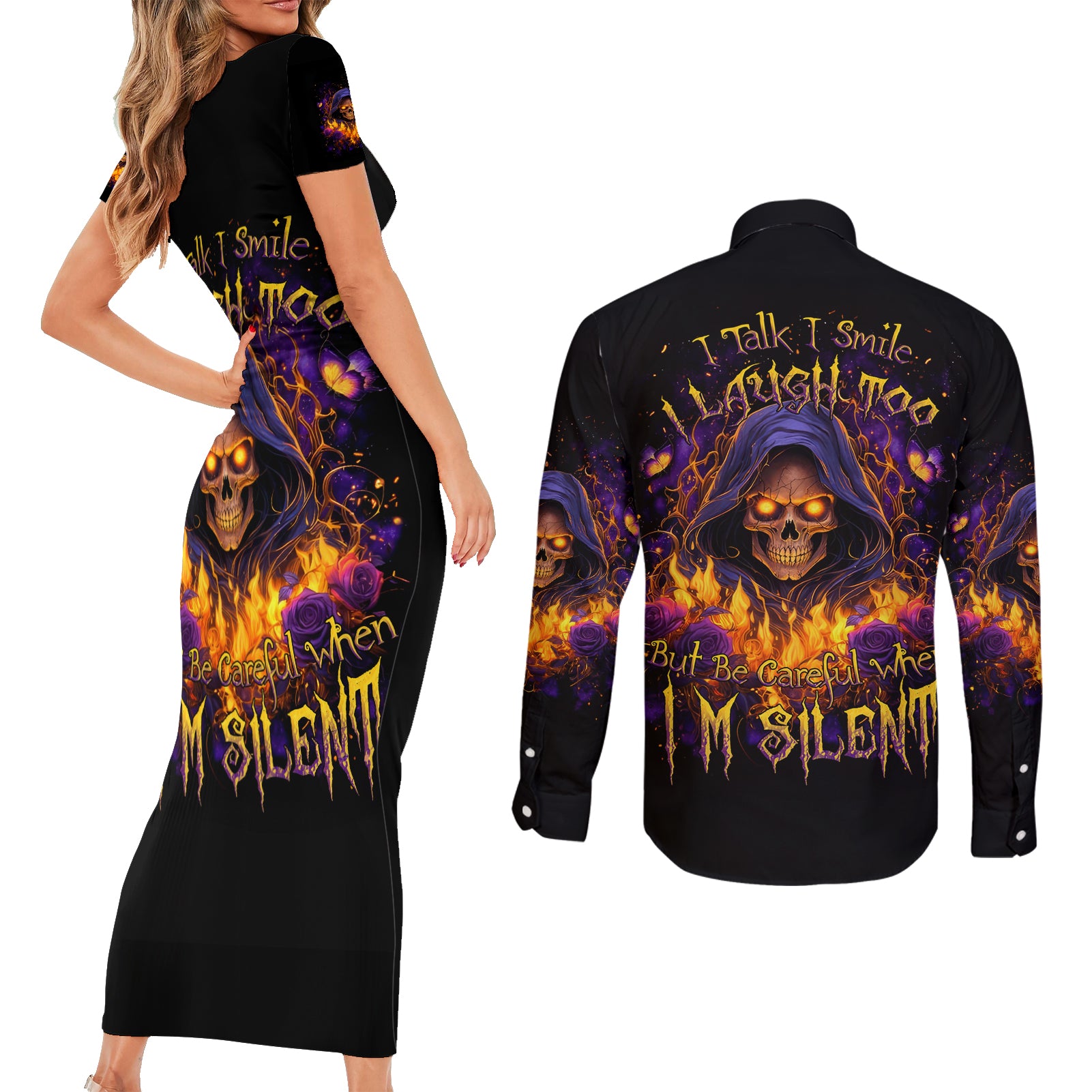 Flame Skull Couples Matching Short Sleeve Bodycon Dress and Long Sleeve Button Shirt I Talk I Smite But Be Careful When I Silent - Wonder Print Shop