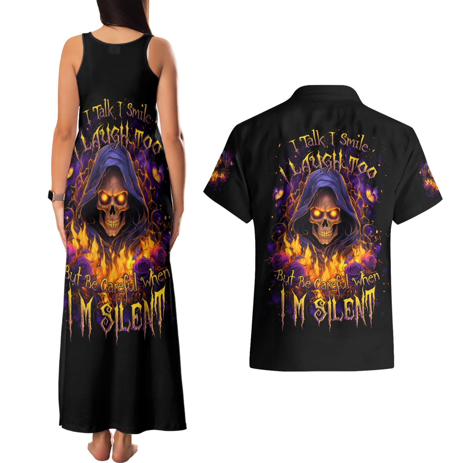 Flame Skull Couples Matching Tank Maxi Dress and Hawaiian Shirt I Talk I Smite But Be Careful When I Silent - Wonder Print Shop