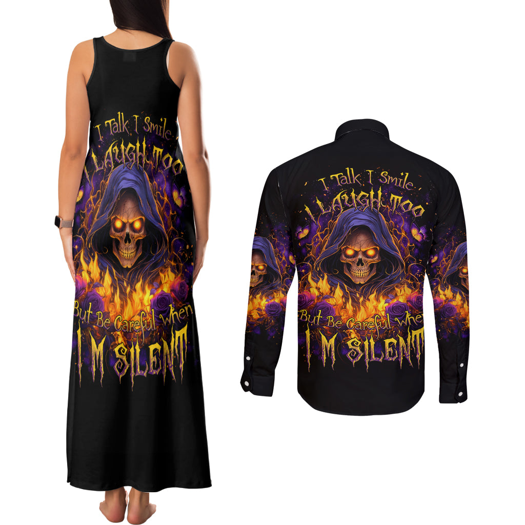 Flame Skull Couples Matching Tank Maxi Dress and Long Sleeve Button Shirt I Talk I Smite But Be Careful When I Silent - Wonder Print Shop