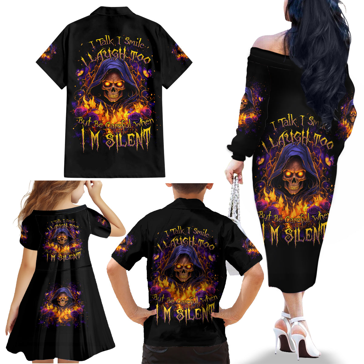 Flame Skull Family Matching Off Shoulder Long Sleeve Dress and Hawaiian Shirt I Talk I Smite But Be Careful When I Silent - Wonder Print Shop