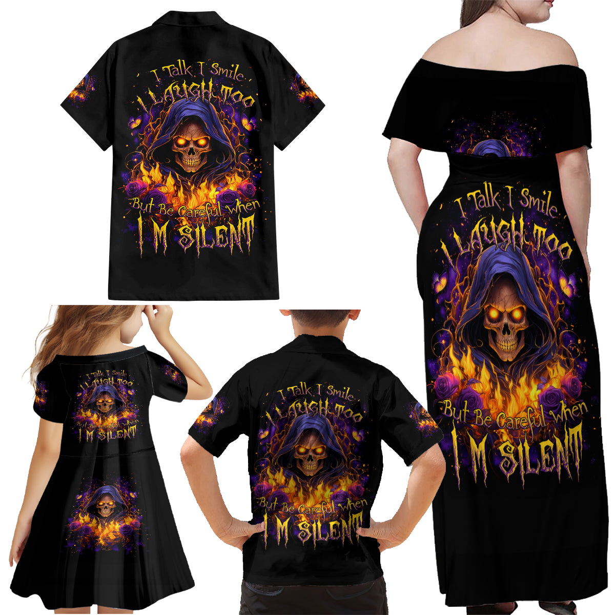 Flame Skull Family Matching Off Shoulder Maxi Dress and Hawaiian Shirt I Talk I Smite But Be Careful When I Silent - Wonder Print Shop