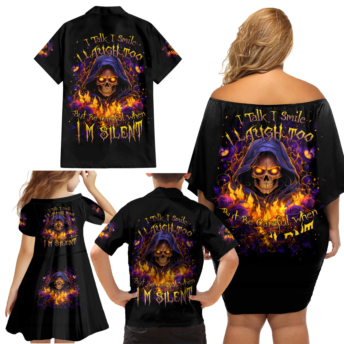 Flame Skull Family Matching Off Shoulder Short Dress and Hawaiian Shirt I Talk I Smite But Be Careful When I Silent - Wonder Print Shop