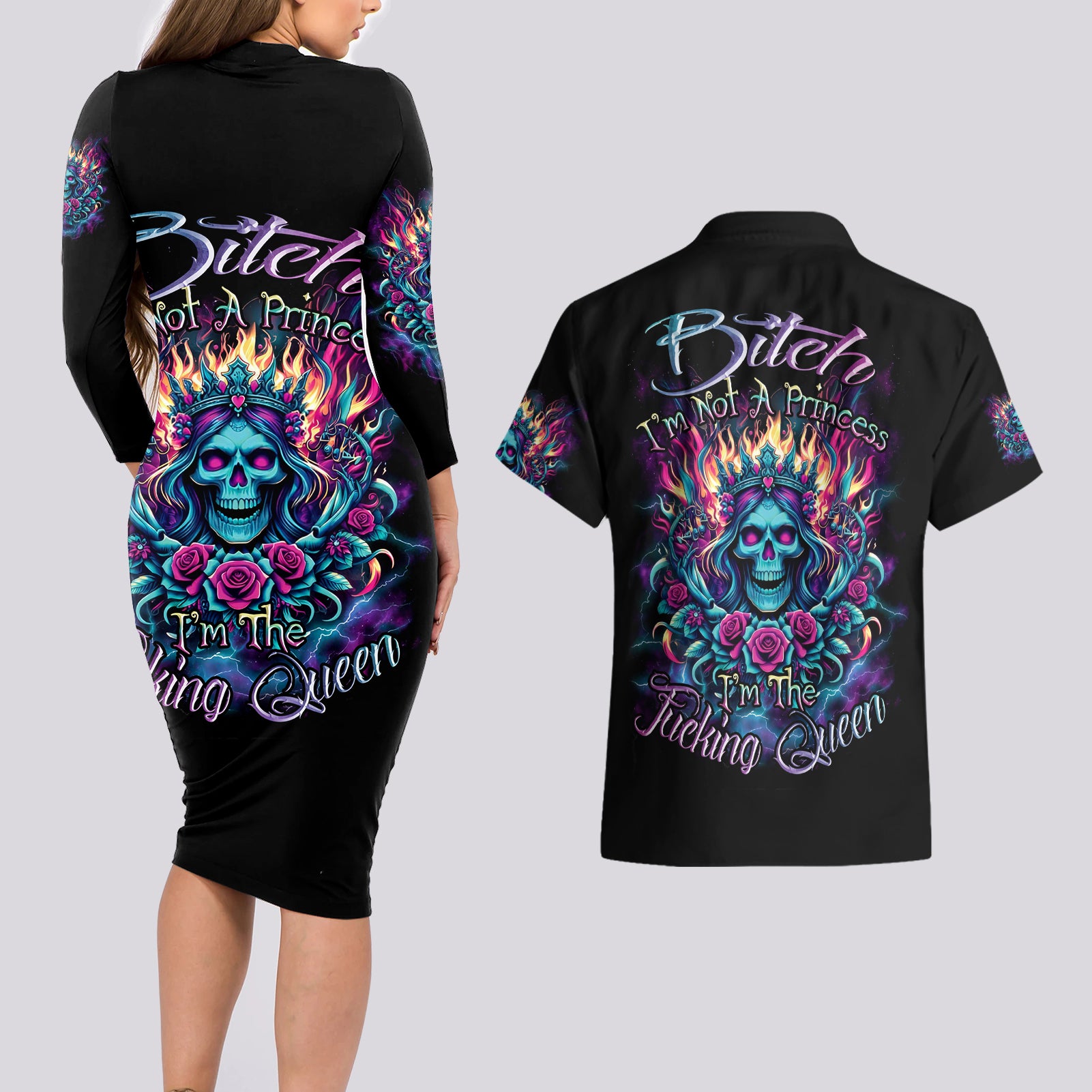 Queen Skull Couples Matching Long Sleeve Bodycon Dress and Hawaiian Shirt Bitch I'm Not A Princess I'm The Fucking Queen - Wonder Print Shop