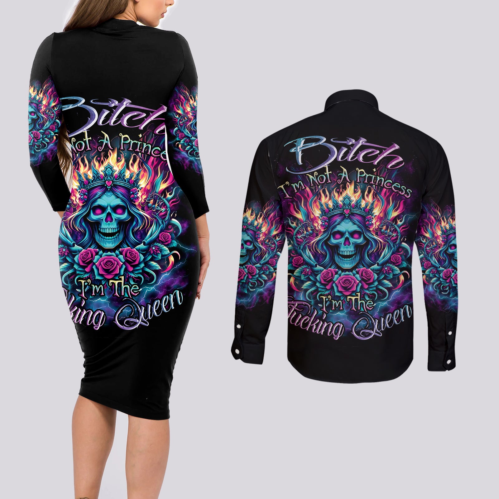 Queen Skull Couples Matching Long Sleeve Bodycon Dress and Long Sleeve Button Shirt Bitch I'm Not A Princess I'm The Fucking Queen - Wonder Print Shop