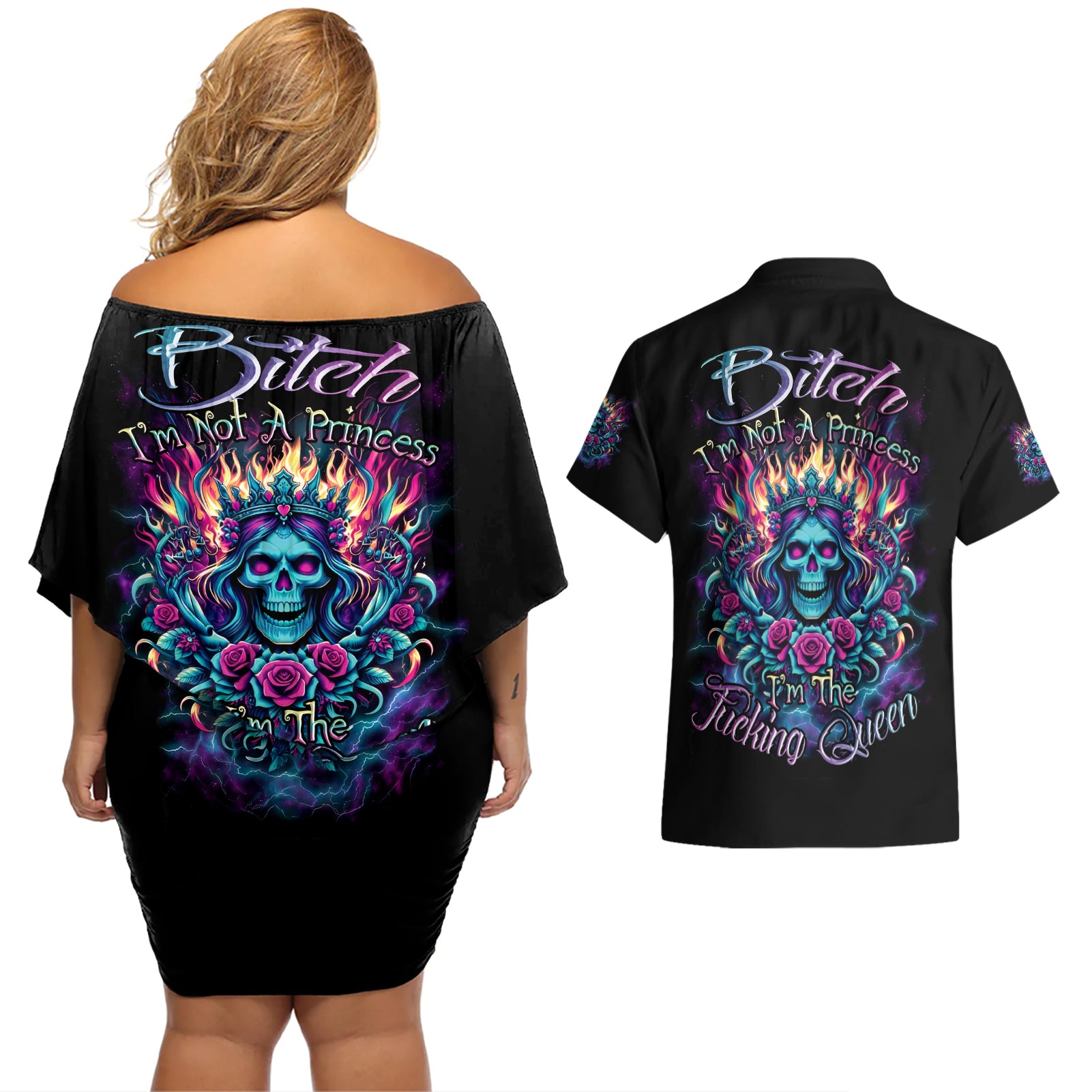 Queen Skull Couples Matching Off Shoulder Short Dress and Hawaiian Shirt Bitch I'm Not A Princess I'm The Fucking Queen - Wonder Print Shop