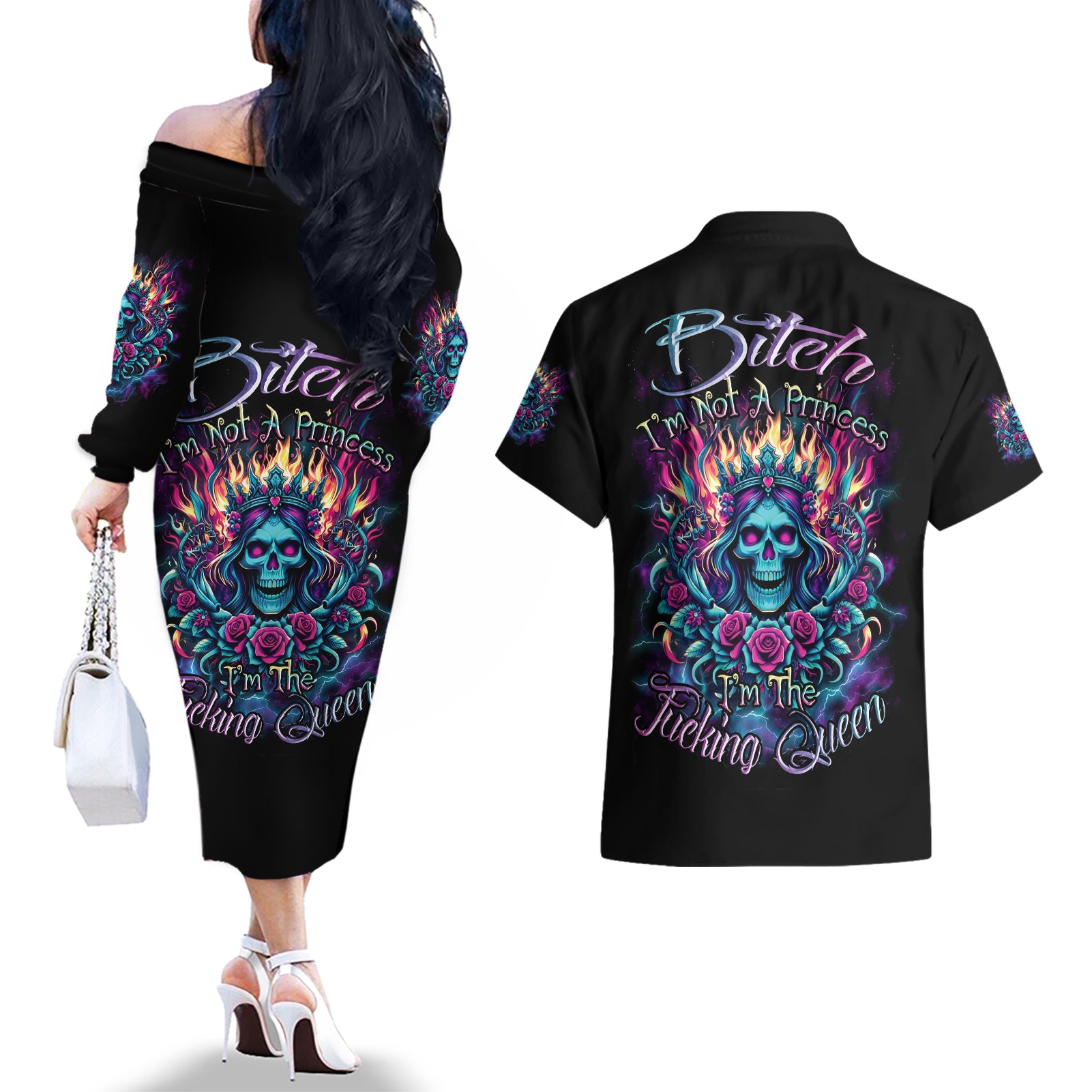 Queen Skull Couples Matching Off The Shoulder Long Sleeve Dress and Hawaiian Shirt Bitch I'm Not A Princess I'm The Fucking Queen - Wonder Print Shop