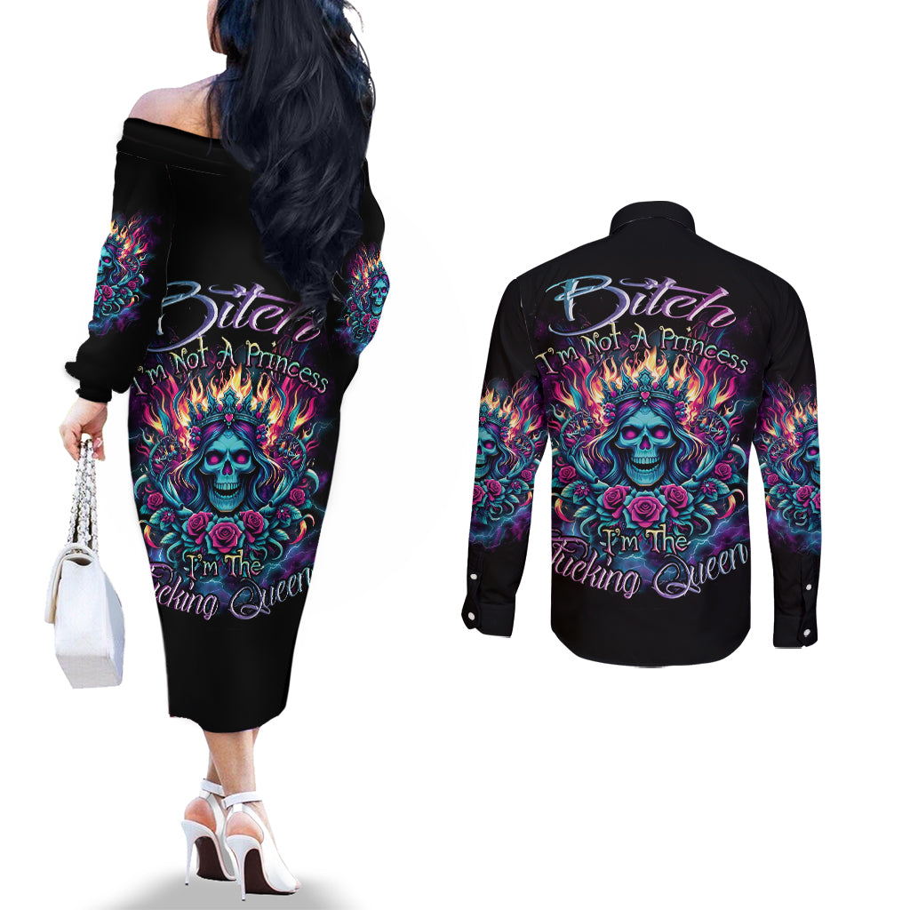 Queen Skull Couples Matching Off The Shoulder Long Sleeve Dress and Long Sleeve Button Shirt Bitch I'm Not A Princess I'm The Fucking Queen