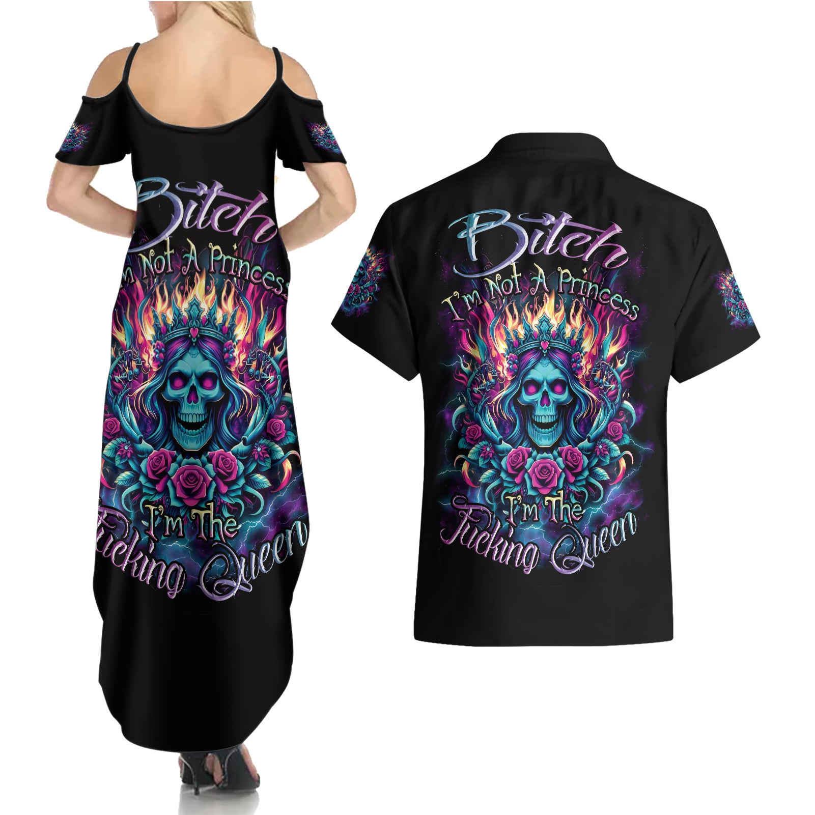 Queen Skull Couples Matching Summer Maxi Dress and Hawaiian Shirt Bitch I'm Not A Princess I'm The Fucking Queen - Wonder Print Shop