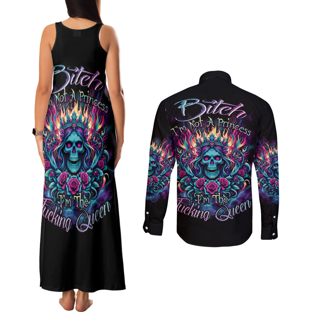 Queen Skull Couples Matching Tank Maxi Dress and Long Sleeve Button Shirt Bitch I'm Not A Princess I'm The Fucking Queen - Wonder Print Shop