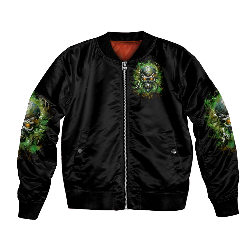 Black bomber jacket with front zip, ribbed hem, and green skull graphic on chest.