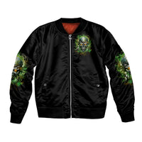 Black bomber jacket with front zip, ribbed hem, and green skull graphic on chest.