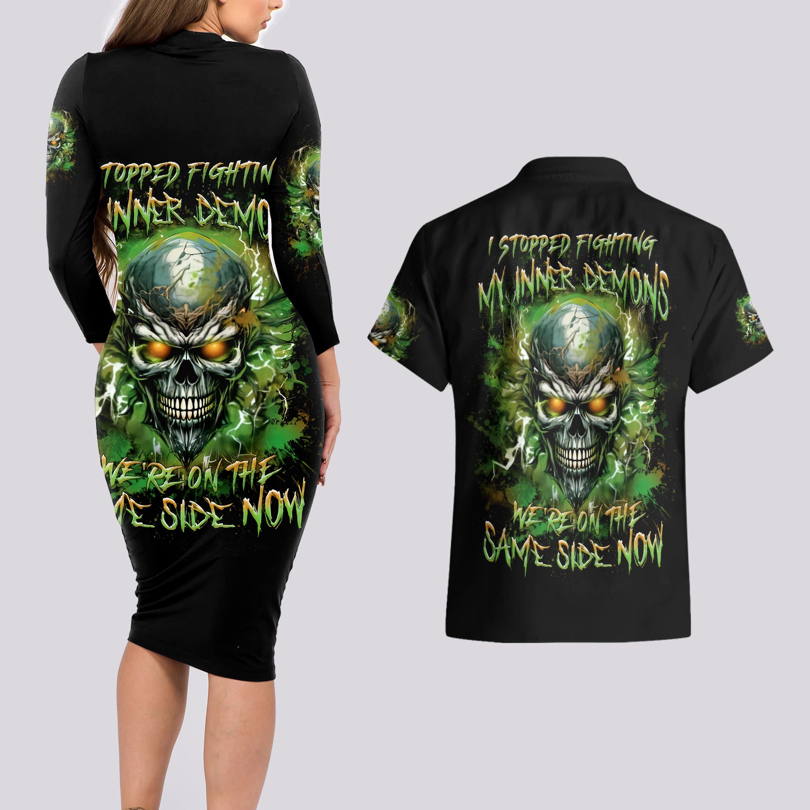 Old Skull Couples Matching Long Sleeve Bodycon Dress and Hawaiian Shirt I Stopped Fighting My Inner Demons We On The Same Side Now - Wonder Print Shop