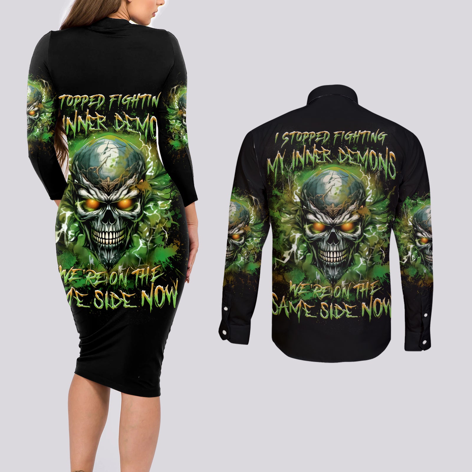 Old Skull Couples Matching Long Sleeve Bodycon Dress and Long Sleeve Button Shirt I Stopped Fighting My Inner Demons We On The Same Side Now - Wonder Print Shop