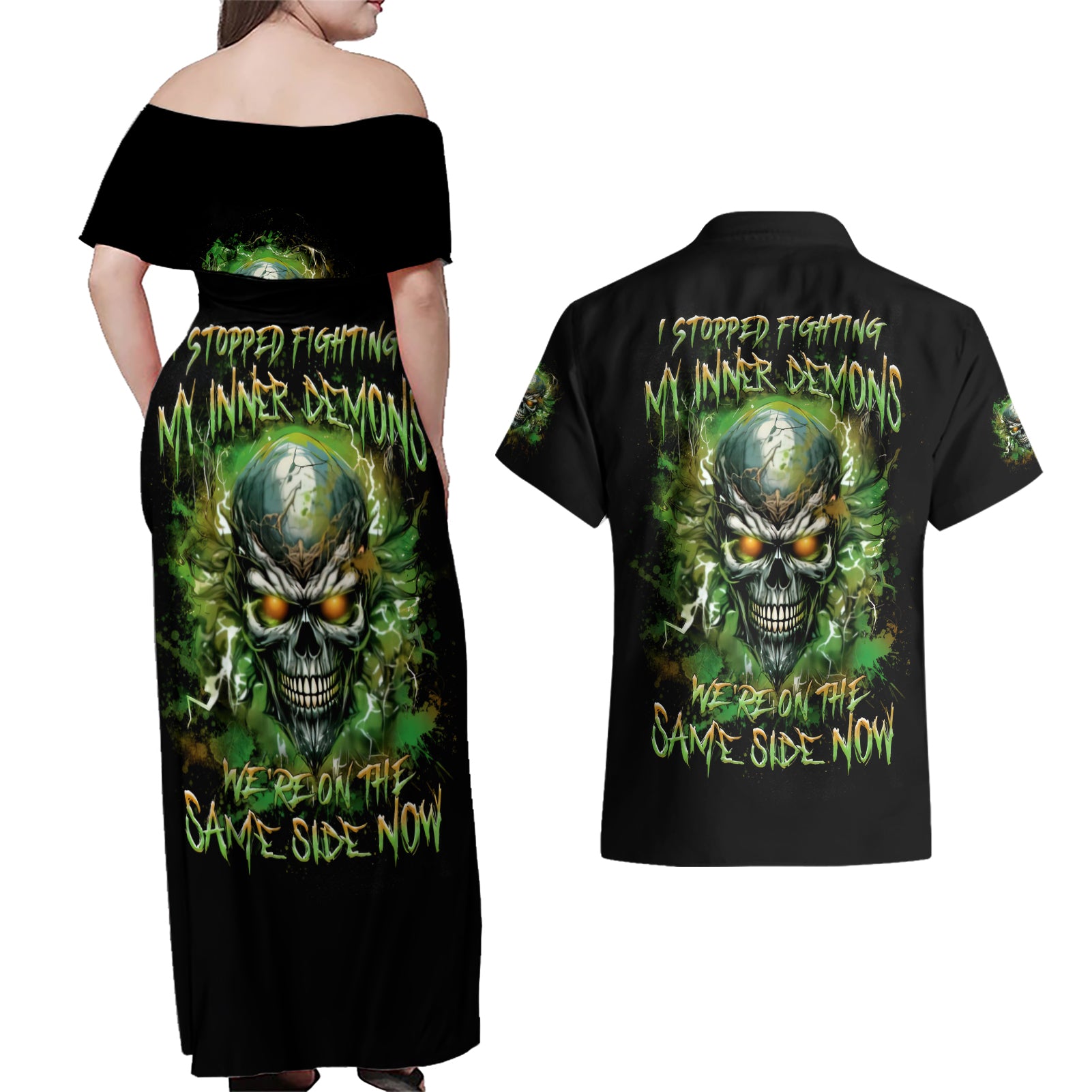 Old Skull Couples Matching Off Shoulder Maxi Dress and Hawaiian Shirt I Stopped Fighting My Inner Demons We On The Same Side Now - Wonder Print Shop