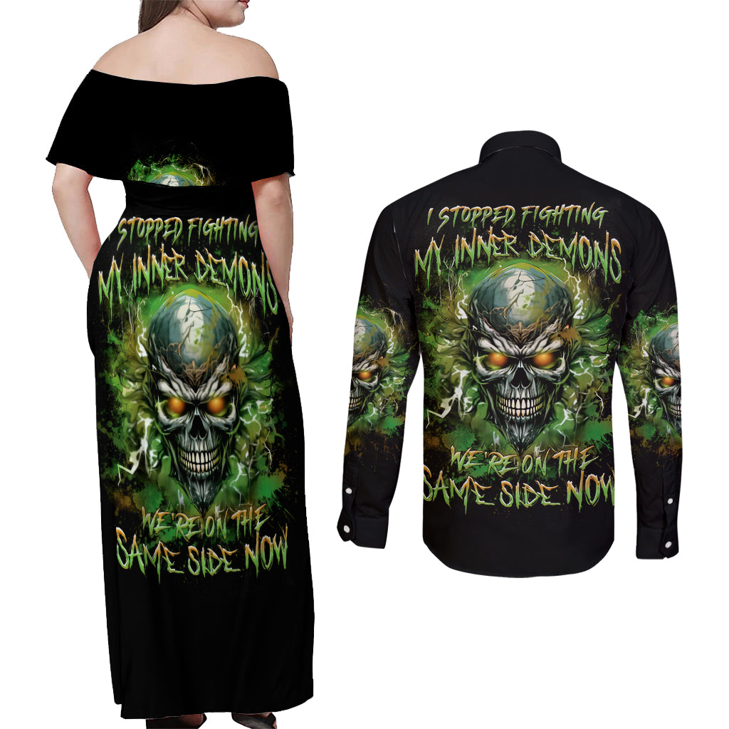 Old Skull Couples Matching Off Shoulder Maxi Dress and Long Sleeve Button Shirt I Stopped Fighting My Inner Demons We On The Same Side Now - Wonder Print Shop