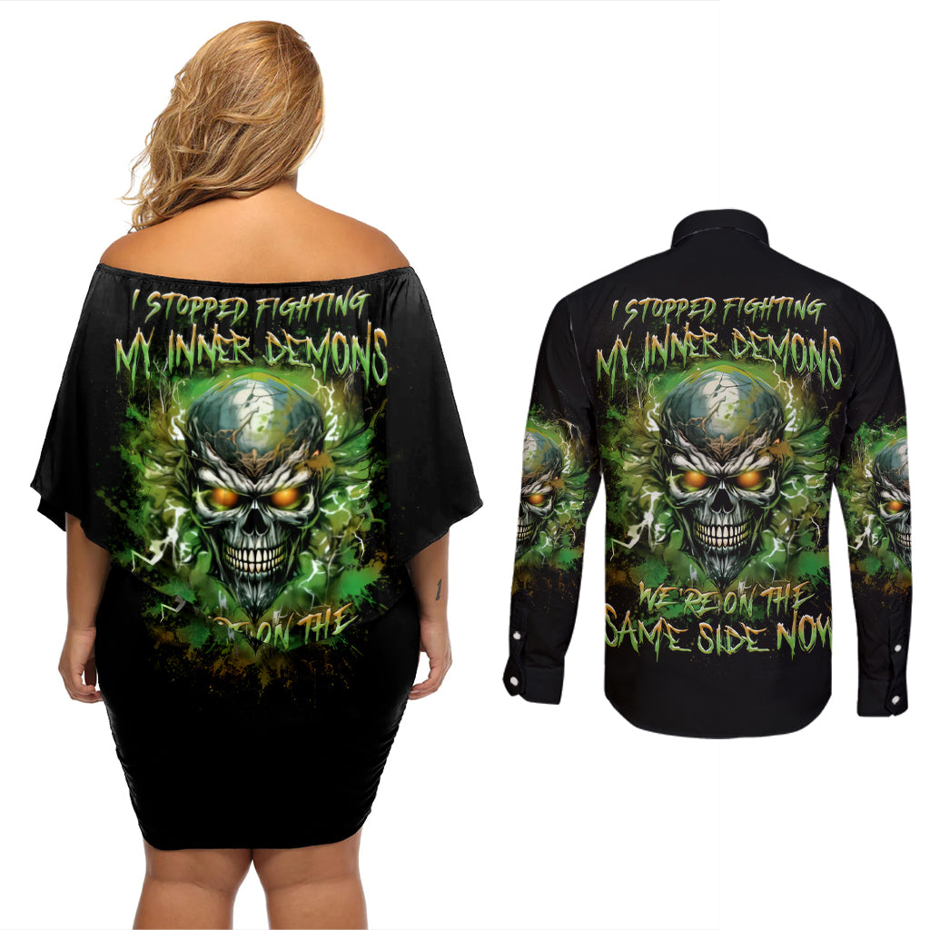 Old Skull Couples Matching Off Shoulder Short Dress and Long Sleeve Button Shirt I Stopped Fighting My Inner Demons We On The Same Side Now - Wonder Print Shop