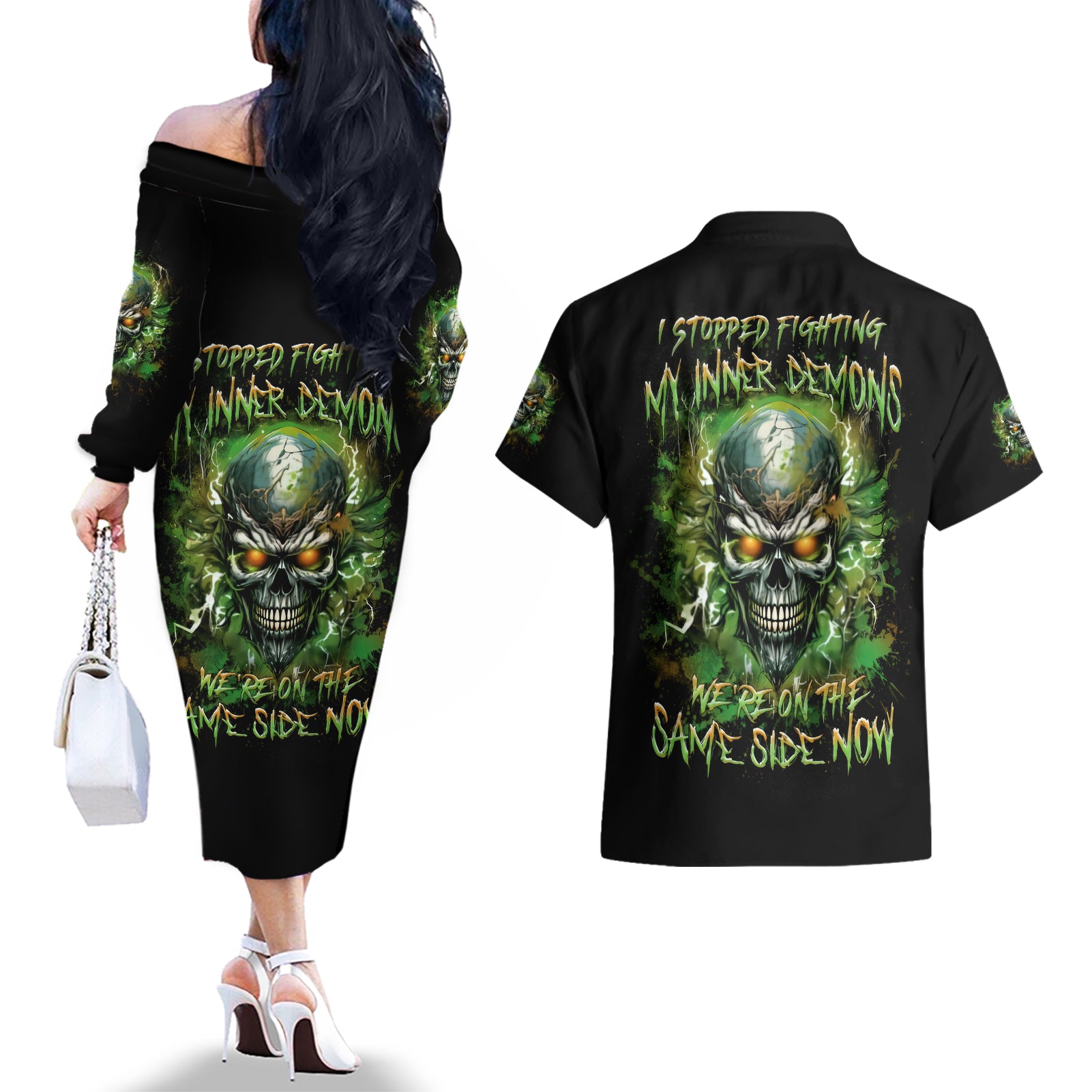 Old Skull Couples Matching Off The Shoulder Long Sleeve Dress and Hawaiian Shirt I Stopped Fighting My Inner Demons We On The Same Side Now - Wonder Print Shop