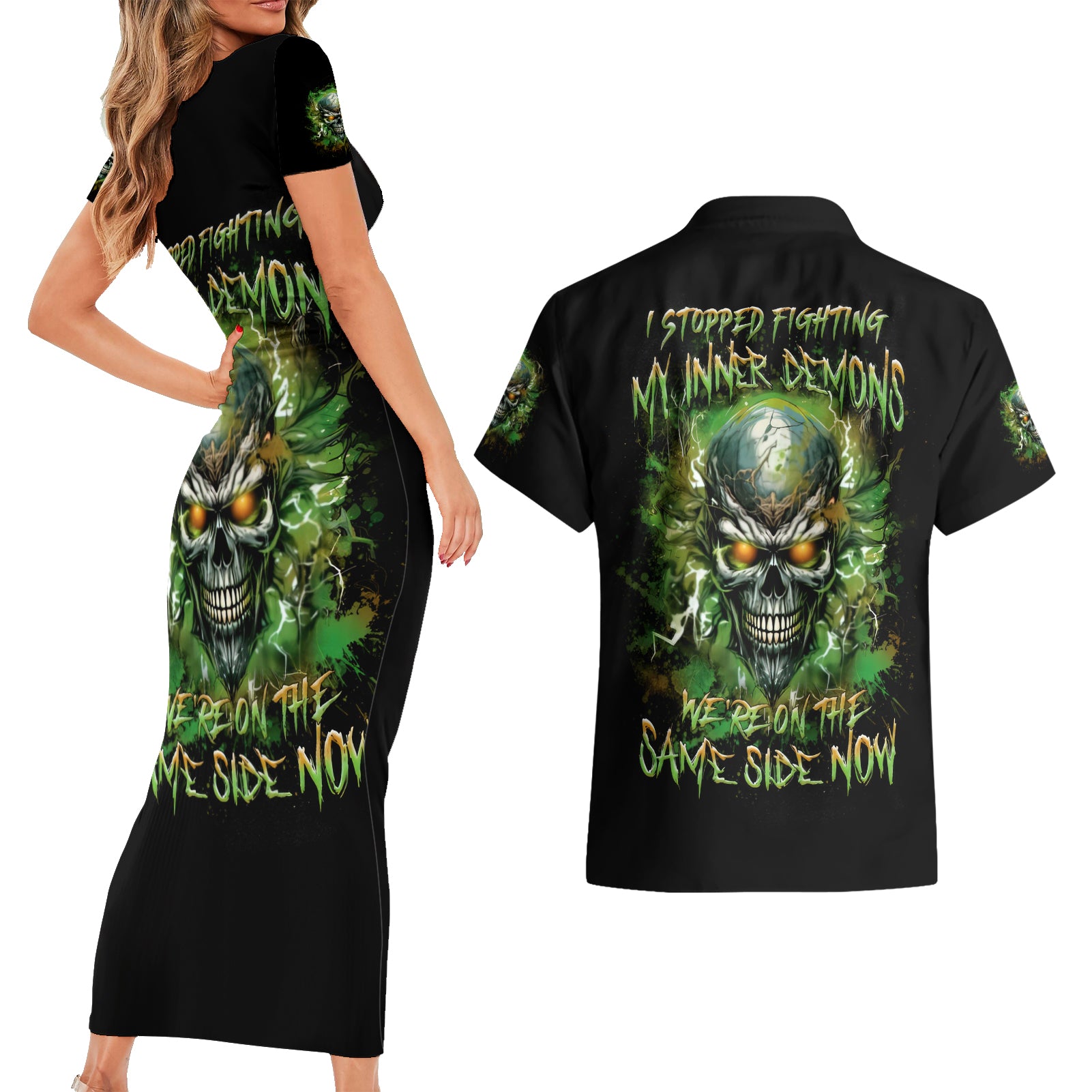 Old Skull Couples Matching Short Sleeve Bodycon Dress and Hawaiian Shirt I Stopped Fighting My Inner Demons We On The Same Side Now - Wonder Print Shop