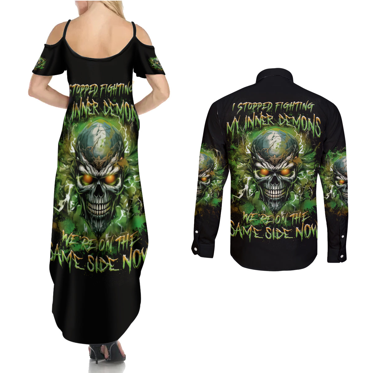 Old Skull Couples Matching Summer Maxi Dress and Long Sleeve Button Shirt I Stopped Fighting My Inner Demons We On The Same Side Now - Wonder Print Shop