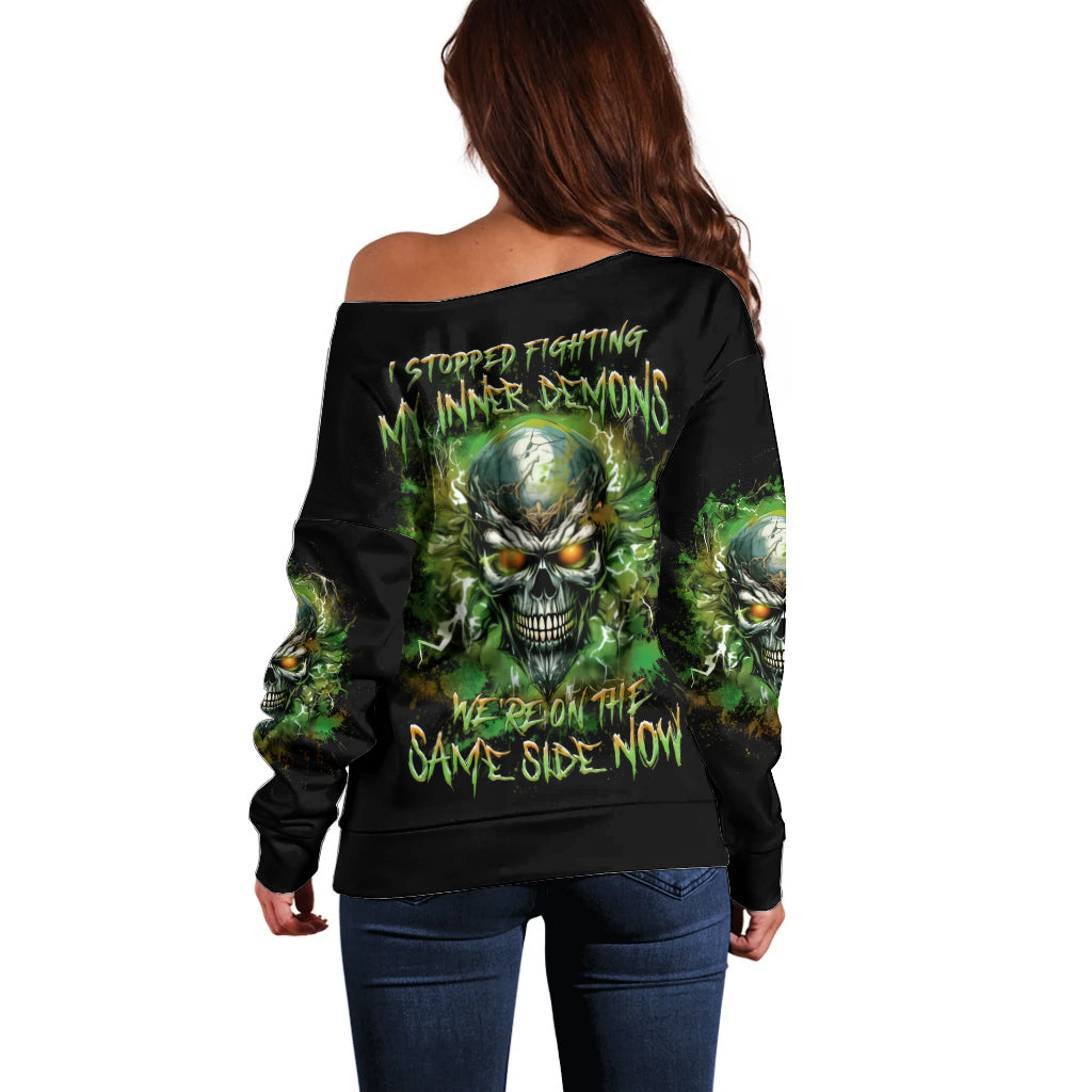 Old Skull Off Shoulder Sweater I Stopped Fighting My Inner Demons We On The Same Side Now - Wonder Print Shop