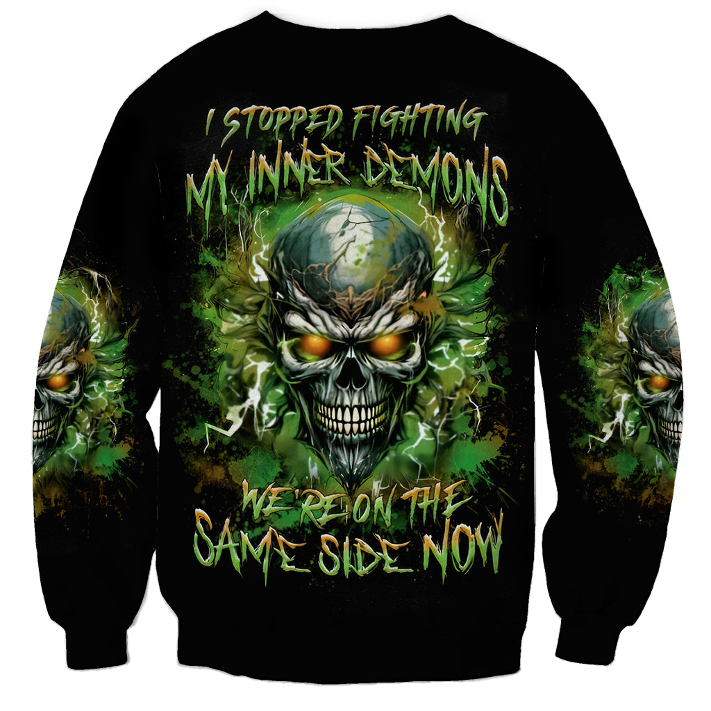 Black unisex sweatshirt with green skull graphic and neon text, long sleeves