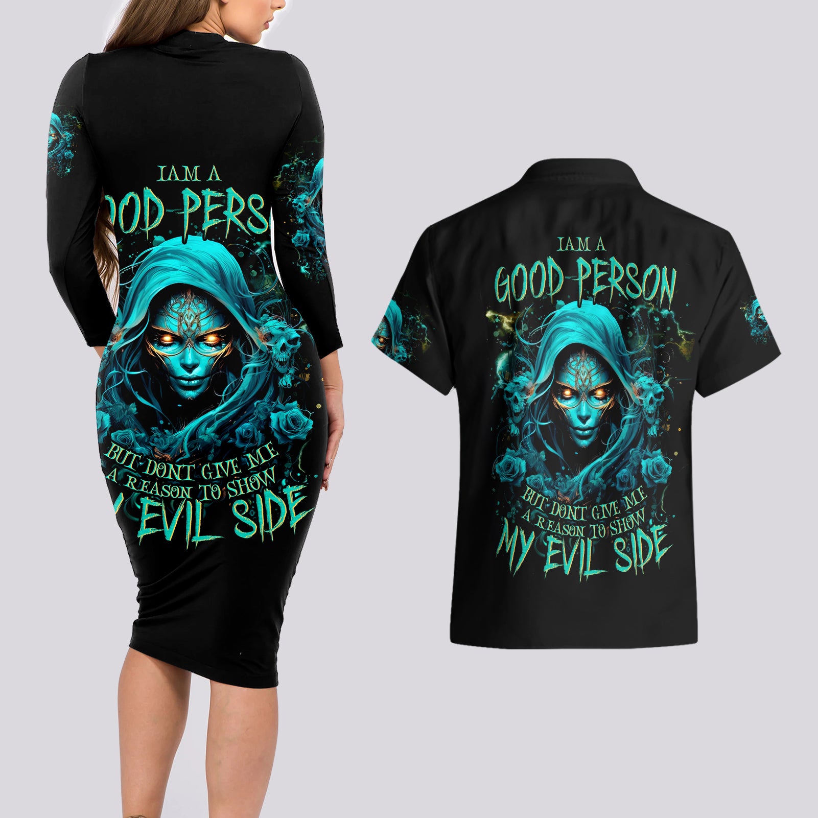 Lady Skull Couples Matching Long Sleeve Bodycon Dress and Hawaiian Shirt Iam A Good Person But Don't Give Me Are To Show My Evil Side - Wonder Print Shop