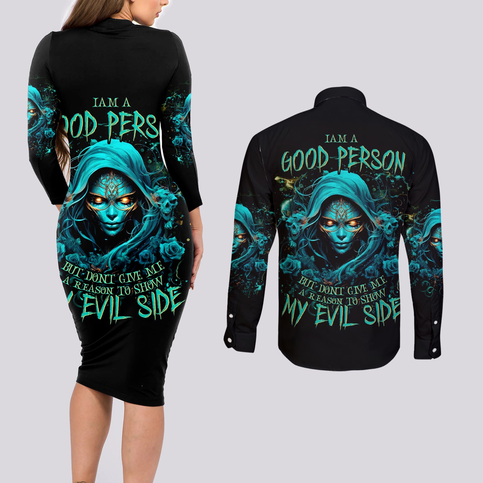 Lady Skull Couples Matching Long Sleeve Bodycon Dress and Long Sleeve Button Shirt Iam A Good Person But Don't Give Me Are To Show My Evil Side - Wonder Print Shop