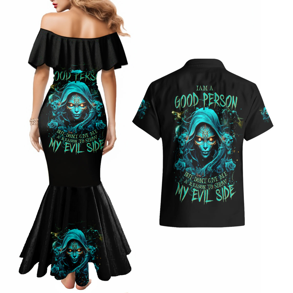 Lady Skull Couples Matching Mermaid Dress and Hawaiian Shirt Iam A Good Person But Don't Give Me Are To Show My Evil Side - Wonder Print Shop