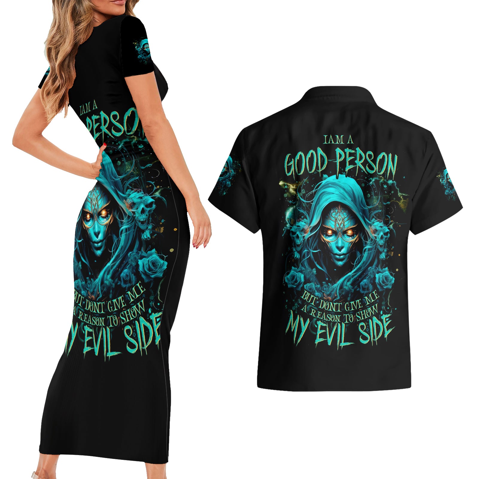 Lady Skull Couples Matching Short Sleeve Bodycon Dress and Hawaiian Shirt Iam A Good Person But Don't Give Me Are To Show My Evil Side - Wonder Print Shop