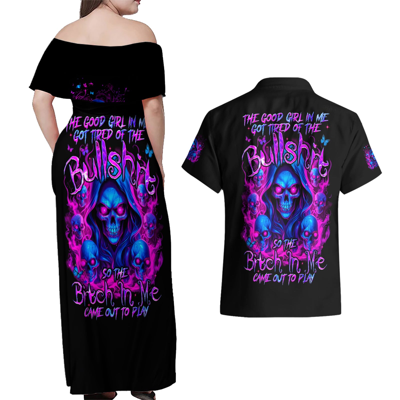 Flame Skull Couples Matching Off Shoulder Maxi Dress and Hawaiian Shirt The Good Girl In Me Got Tired Of The Bullshit - Wonder Print Shop