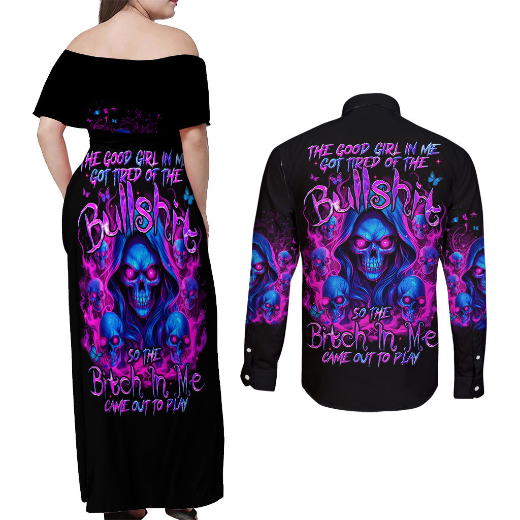 Flame Skull Couples Matching Off Shoulder Maxi Dress and Long Sleeve Button Shirt The Good Girl In Me Got Tired Of The Bullshit - Wonder Print Shop