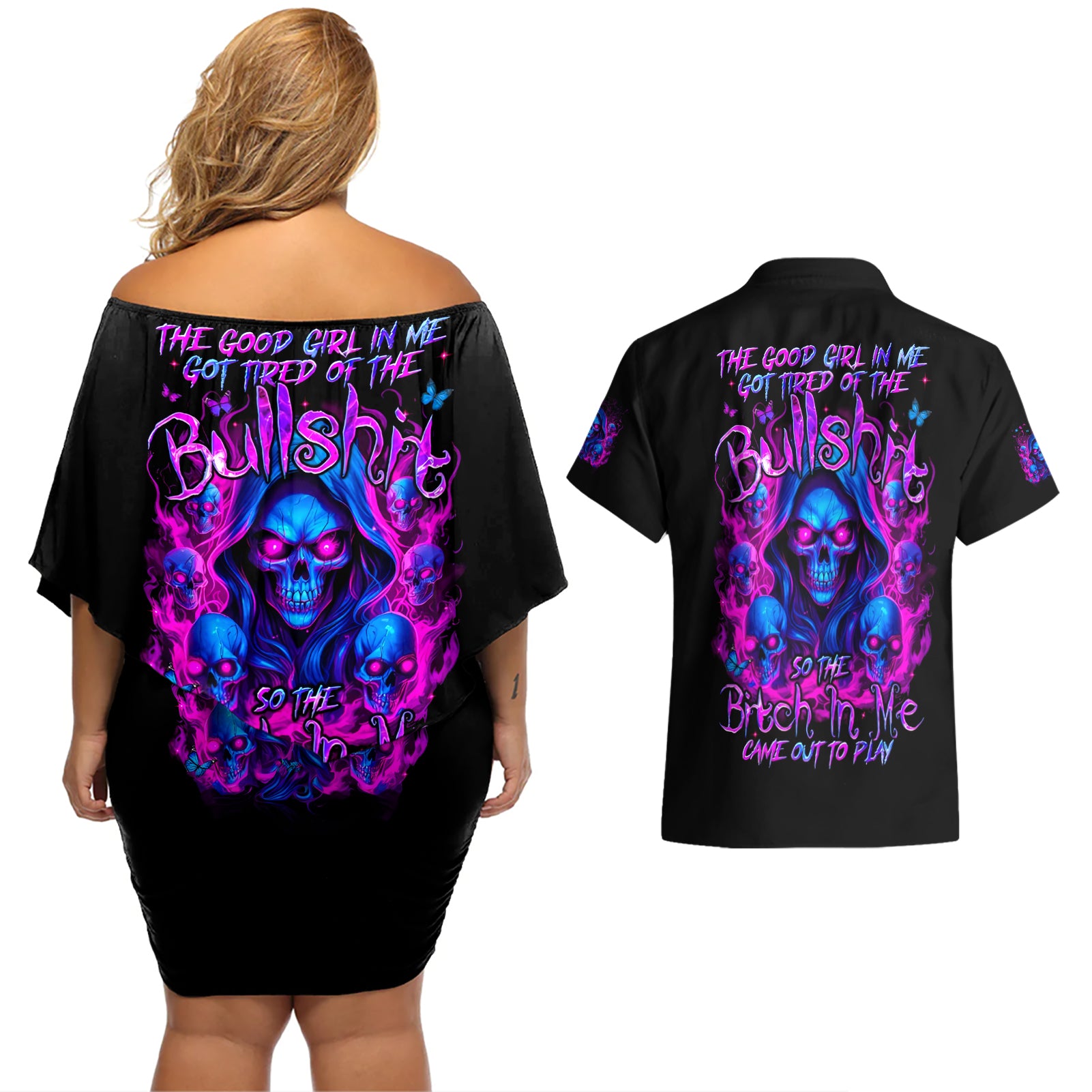 Flame Skull Couples Matching Off Shoulder Short Dress and Hawaiian Shirt The Good Girl In Me Got Tired Of The Bullshit - Wonder Print Shop