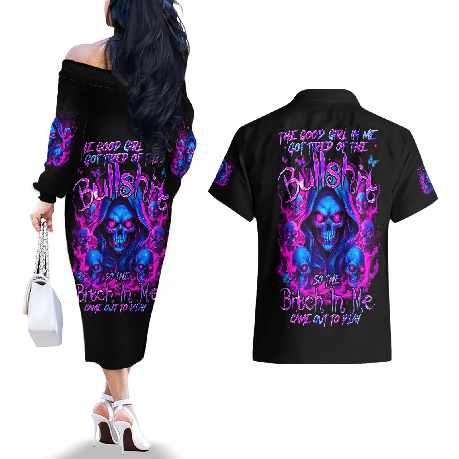 Flame Skull Couples Matching Off The Shoulder Long Sleeve Dress and Hawaiian Shirt The Good Girl In Me Got Tired Of The Bullshit - Wonder Print Shop