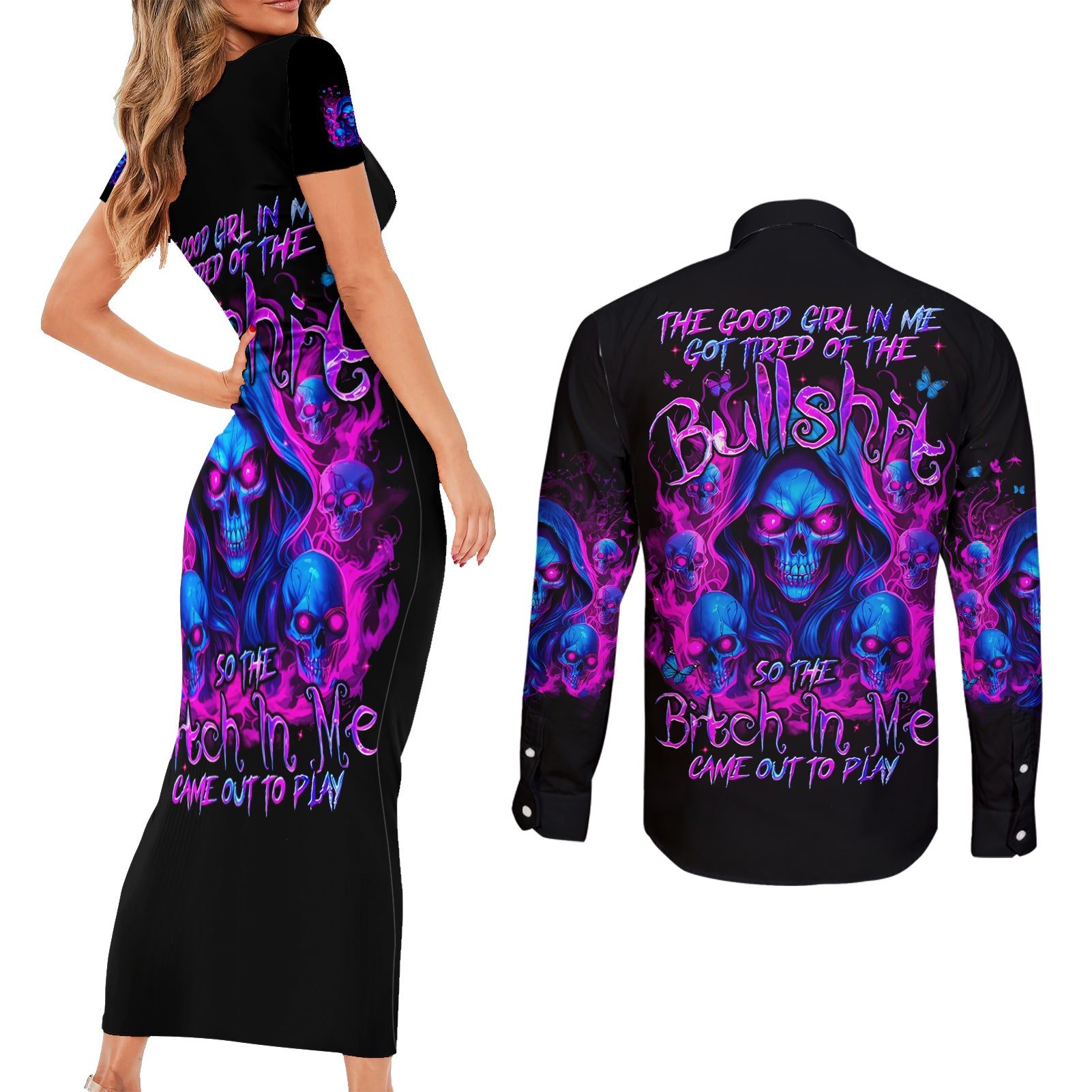 Flame Skull Couples Matching Short Sleeve Bodycon Dress and Long Sleeve Button Shirt The Good Girl In Me Got Tired Of The Bullshit - Wonder Print Shop