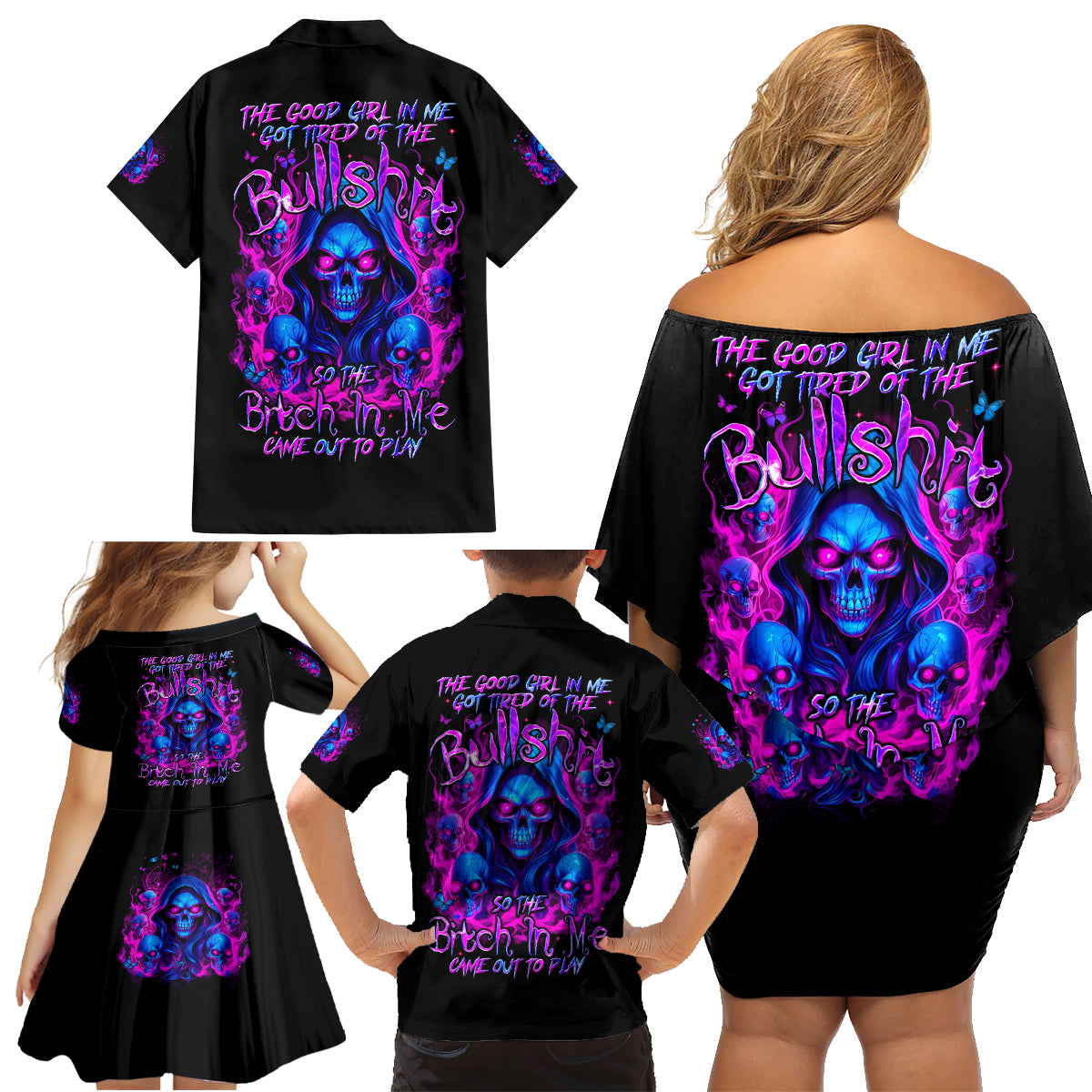 Flame Skull Family Matching Off Shoulder Short Dress and Hawaiian Shirt The Good Girl In Me Got Tired Of The Bullshit - Wonder Print Shop