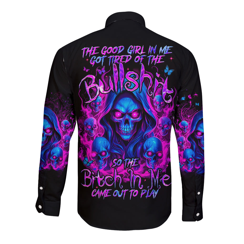 Flame Skull Long Sleeve Button Shirt The Good Girl In Me Got Tired Of The Bullshit - Wonder Print Shop