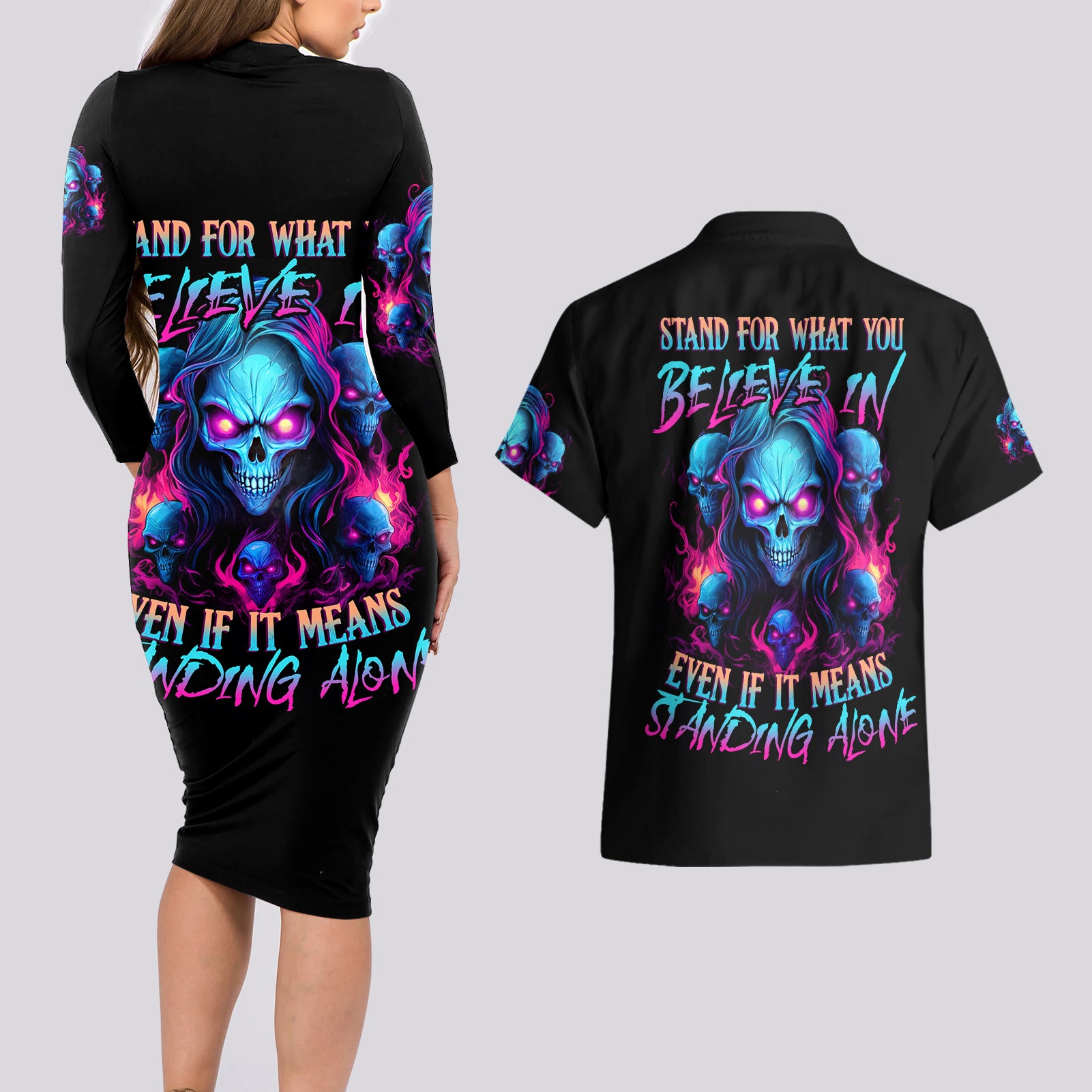 Lady Skull Couples Matching Long Sleeve Bodycon Dress and Hawaiian Shirt Stand For What You Believe In Even If It Means Standing Alone - Wonder Print Shop