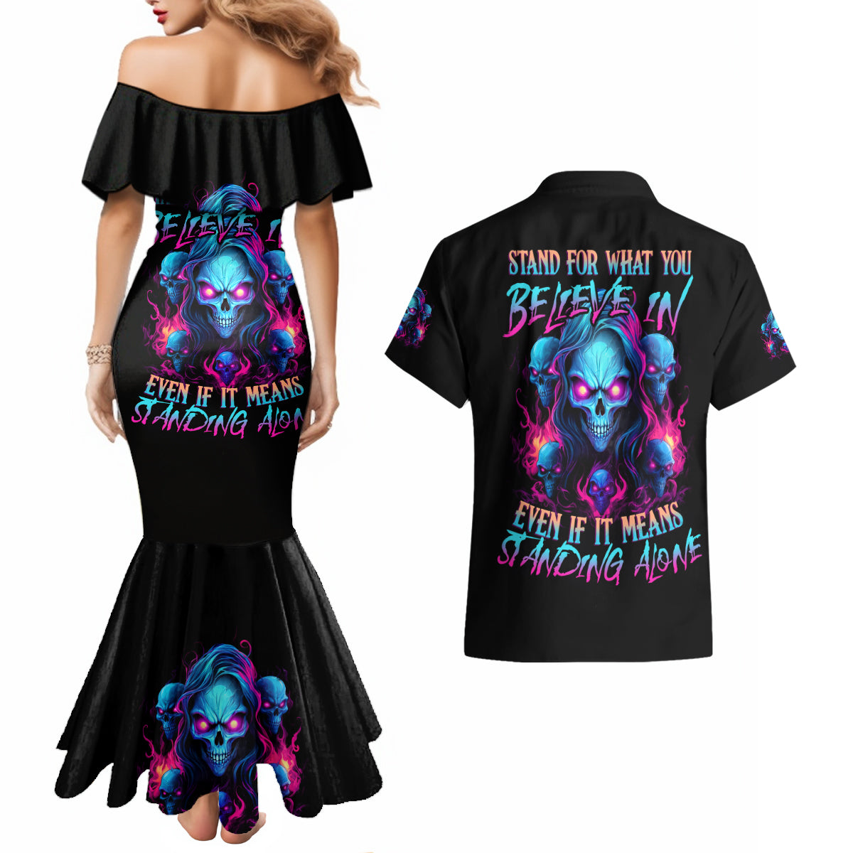 Lady Skull Couples Matching Mermaid Dress and Hawaiian Shirt Stand For What You Believe In Even If It Means Standing Alone - Wonder Print Shop