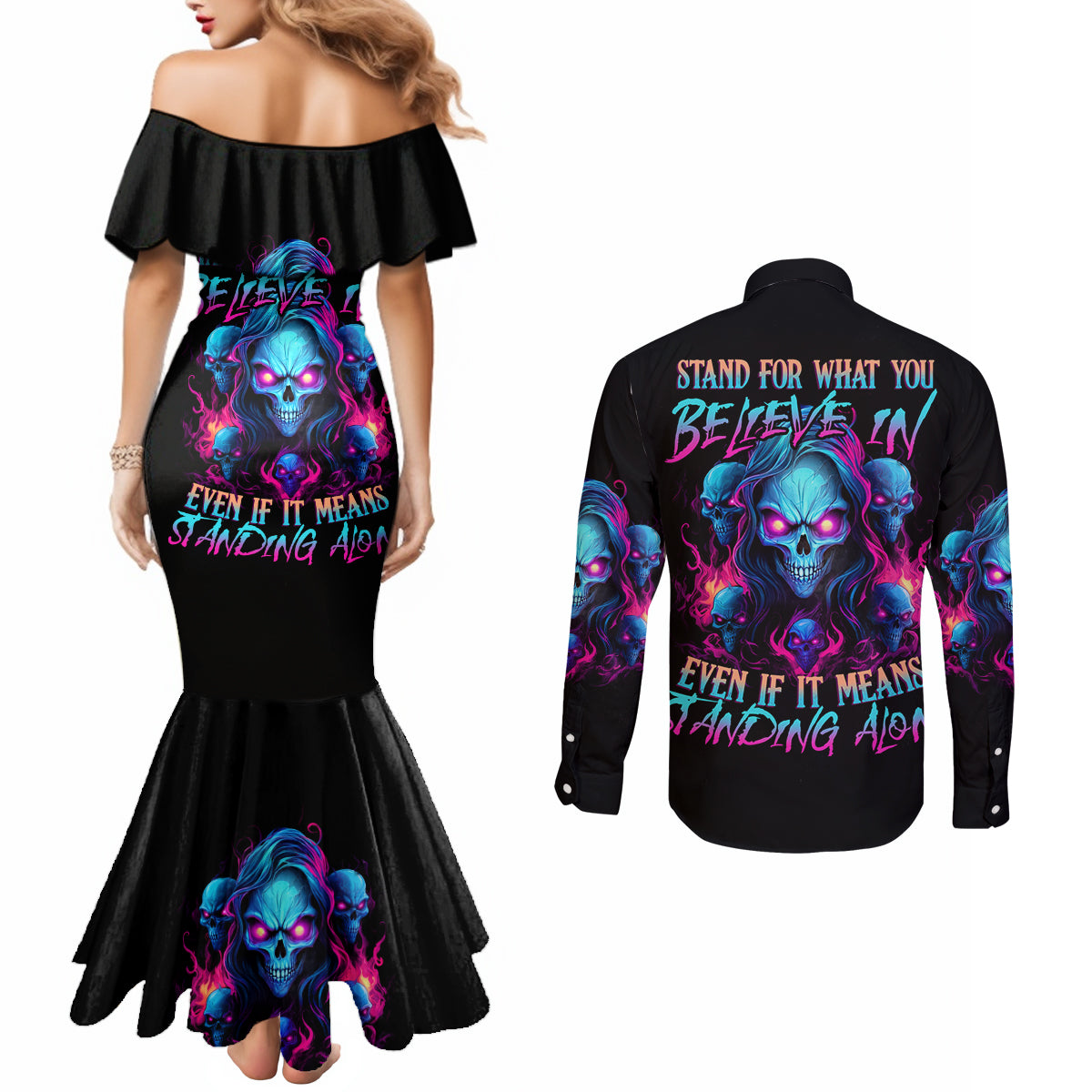 Lady Skull Couples Matching Mermaid Dress and Long Sleeve Button Shirt Stand For What You Believe In Even If It Means Standing Alone