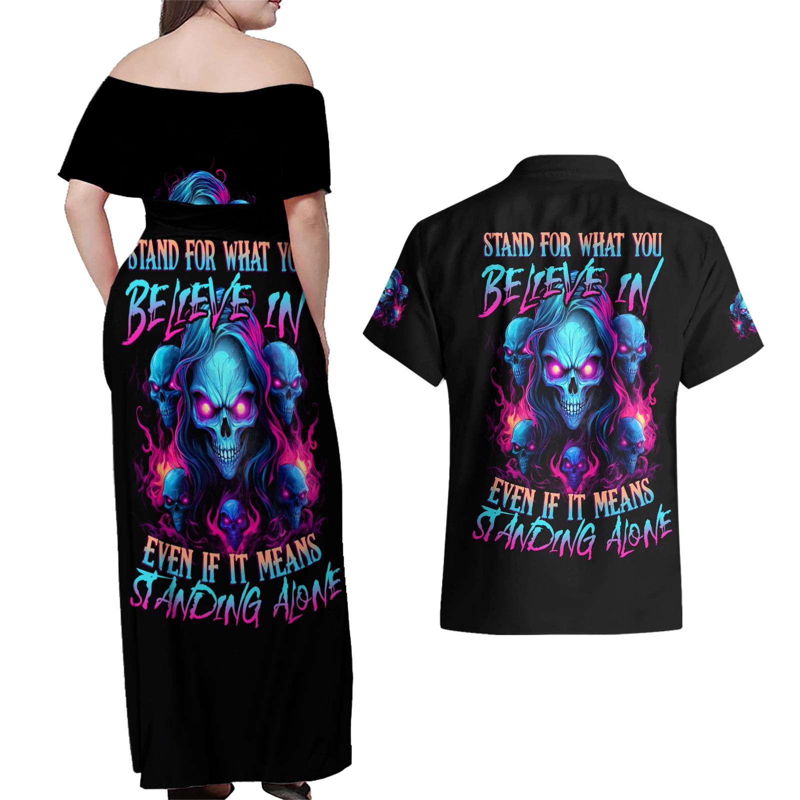 Lady Skull Couples Matching Off Shoulder Maxi Dress and Hawaiian Shirt Stand For What You Believe In Even If It Means Standing Alone - Wonder Print Shop