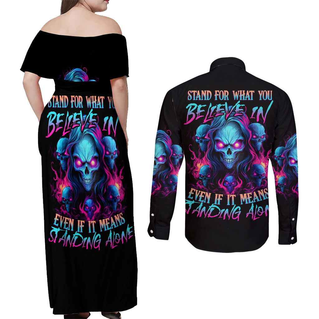 Lady Skull Couples Matching Off Shoulder Maxi Dress and Long Sleeve Button Shirt Stand For What You Believe In Even If It Means Standing Alone - Wonder Print Shop