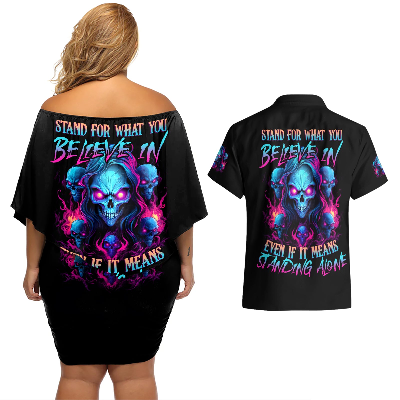 Lady Skull Couples Matching Off Shoulder Short Dress and Hawaiian Shirt Stand For What You Believe In Even If It Means Standing Alone - Wonder Print Shop