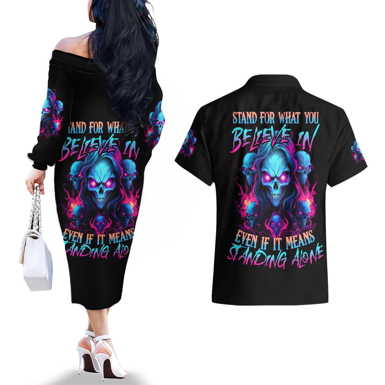 Lady Skull Couples Matching Off The Shoulder Long Sleeve Dress and Hawaiian Shirt Stand For What You Believe In Even If It Means Standing Alone - Wonder Print Shop