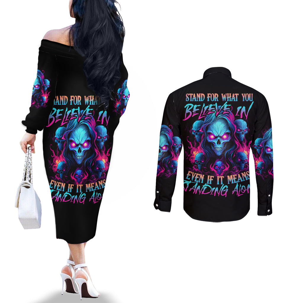 Lady Skull Couples Matching Off The Shoulder Long Sleeve Dress and Long Sleeve Button Shirt Stand For What You Believe In Even If It Means Standing Alone