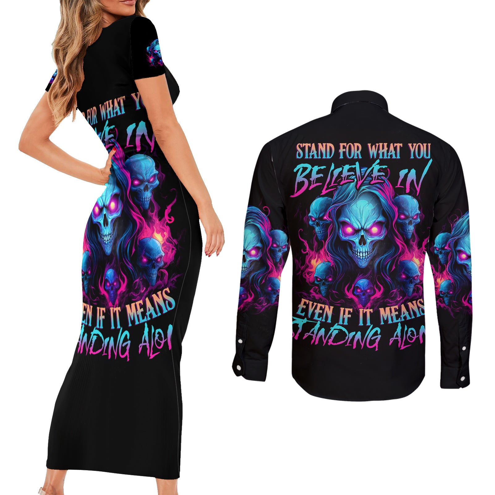 Lady Skull Couples Matching Short Sleeve Bodycon Dress and Long Sleeve Button Shirt Stand For What You Believe In Even If It Means Standing Alone - Wonder Print Shop