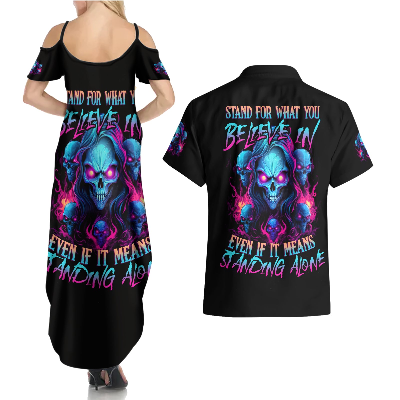 Lady Skull Couples Matching Summer Maxi Dress and Hawaiian Shirt Stand For What You Believe In Even If It Means Standing Alone - Wonder Print Shop